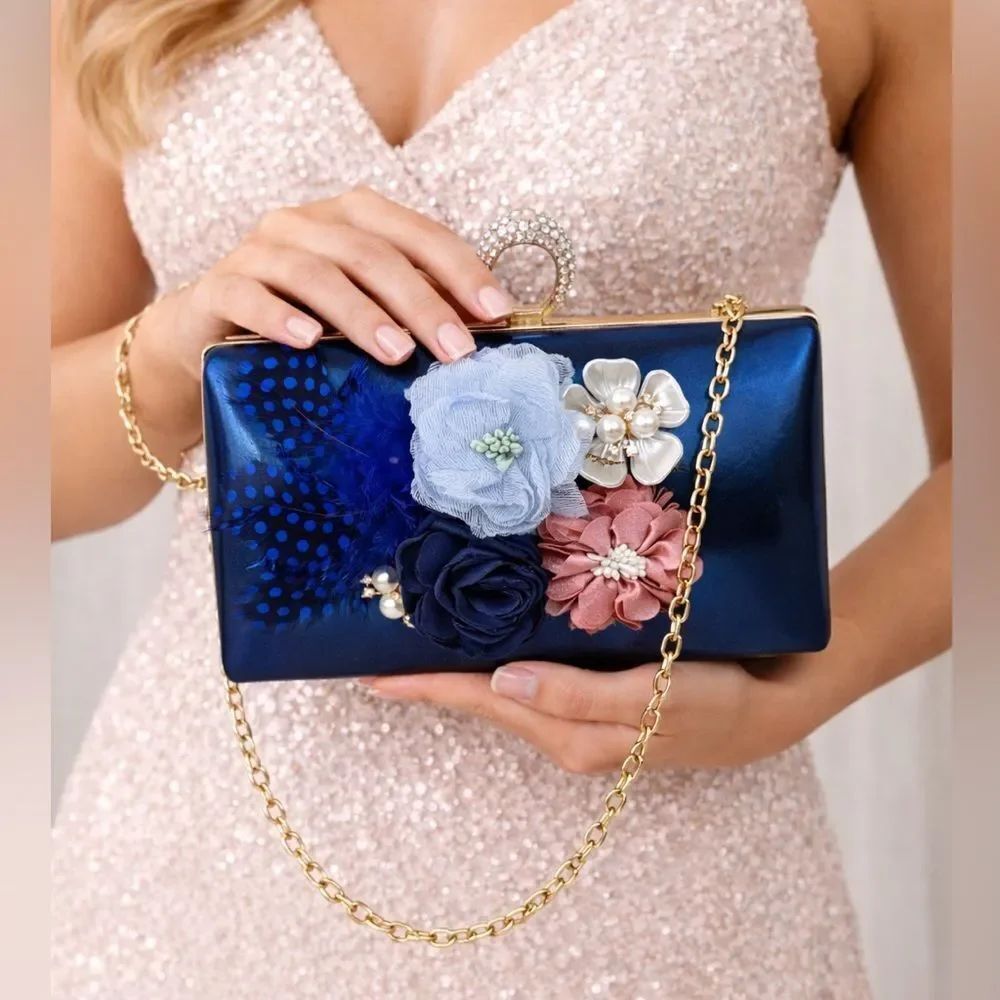 Blue Floral Embellished Clutch Rhinestone Ring Gold Chain Evening Bag